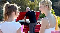 Two carwash hotties scissoring rimming each others ass